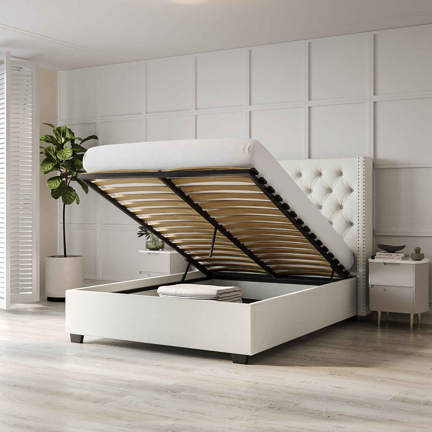 Read more about Off-white fabric double ottoman bed with winged headboard maeva